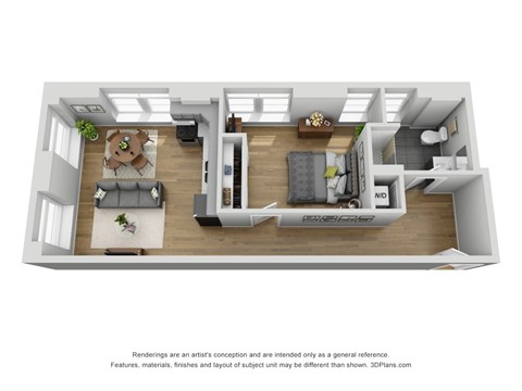 Floor plan for 1 bed, 1 bath, 691 sqft